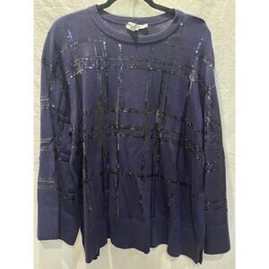 Chico's Sweater Sequin Plaid Long Sleeve Purple Pullover Crew Neck Womens XXL